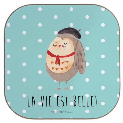 Mr. & Mrs. Panda Bierdeckel Eule Frankreich - Geschenk, Untersetzer Holz, Getränkeuntersetzer, La Vie est Belle, Untersetzer aus Holz, Untersetzer