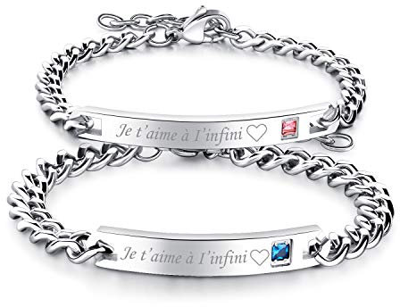 Flongo 2PCS Bracelets Acier Inoxydable Je T’Aime Chaînes de Main pour Couples Amoureux Femme Homme Couleur Argent Cadeaux Romantiques Saint Valentin Mariage