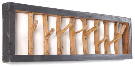 DESIGN DELIGHTS RUSTIKALE WANDGARDEROBE TREIBHOLZ UNIKAT | 80x22x12 cm (BxHxT), Recyclingholz, Shabby Chic | Kleiderhaken aus Ästen | Farbe: 04 schwarz-Natur