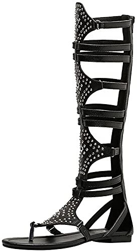 Jamron Damen Knie Hoch Römische Gladiator Sandalen Nieten Besetzt Riemchensandalen Reißverschluss Zehensandalen Schwarz SN020342 EU38