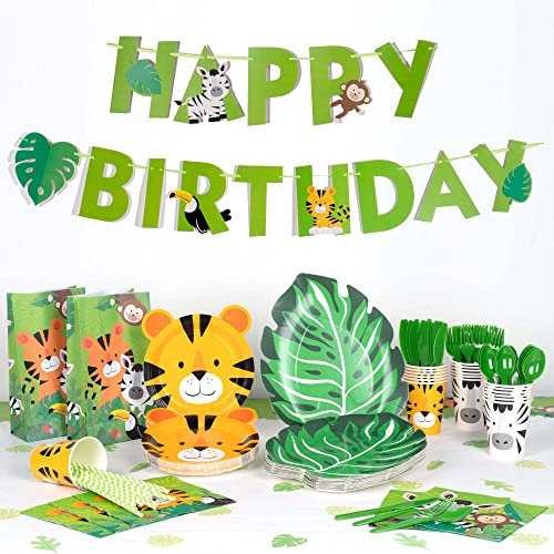 Decorlife Jungle Theme Party Supplies, Animal Theme Party Plates and Cups and Napkins Sets, Total 218PCS, Including Jungle Plates and Napkins, 54 x108 Safari Tablecloth, Cups, Straws – Serves 24