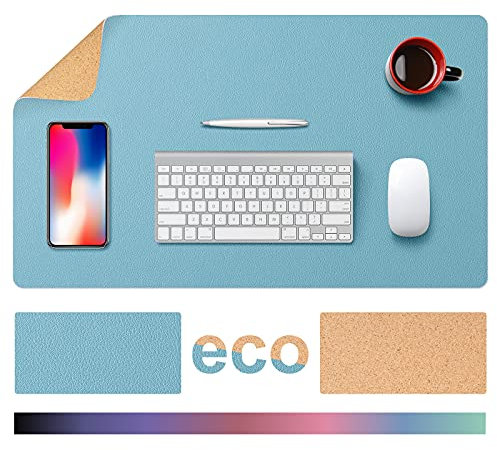 TESOBI Grand sous-main en liège naturel et cuir, 61 x 35,6 cm, double face, tapis de souris à surface lisse, tapis de bureau imperméable pour bureau, maison, jeux vidéo (bleu clair)