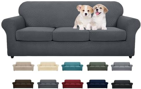 MAXIJIN Stretch Sofabezug 3 Sitzer Thick Couchbezug mit Separatem 3 Kissenbezügen Schonbezug Sofa für Wohnzimmer mit Elastische Bänder und Schaumstoffstäbe (3 Sitzer, Dunkelgrau)