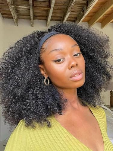 Human Hair Wigs Afro Kinky Curly Wigs (18 zoll) Kurze Mongolian Afro-Verworrene Lockige with headband brasilianisches Virgin Remy Afro Perücken für schwarze Frauen (flauschige Locken)