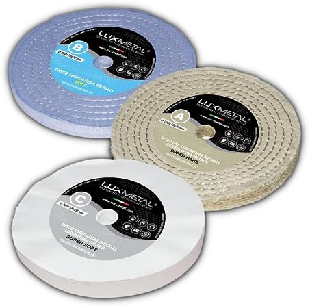 Lux Metal Kit 3 Disco Lucidatura 200 mm (A-B-C) In Cotone Set Per Lucidare A Specchio Alluminio Acciaio Inox Dischi Lucidante Metalli da Mola Ruota Smerigliatrice Ottone Rame Legno Marmo Plexiglass
