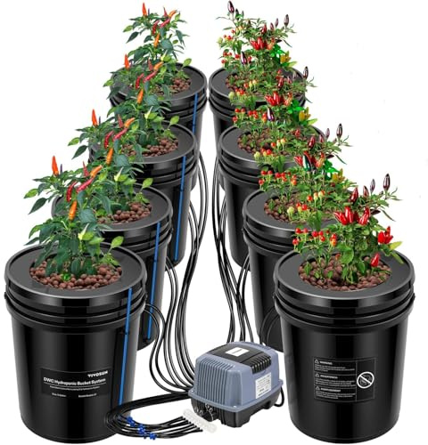 VIVOSUN DWC Hydroponics Grow System mit Top Drip Kit, 8 Eimer | 5 Gallonen Tiefe Wasserkultur, Umluft-Tropfgartensystem mit Mehrzweck-Luftschlauch, Luftpumpe und Ausströmstein