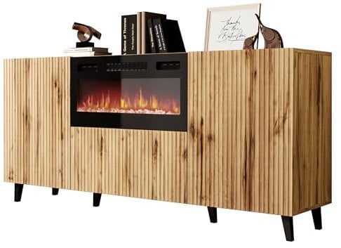 Mirjan24 Kommode Vailbo 180 mit Elektrischem Kamin, Mehrzweckschrank mit 3 Türen, Realistische LED-Flamme, Anrichte, Highboard, Sideboard, Mit Deko-Kristallen, Esszimmer (Eiche Wotan)