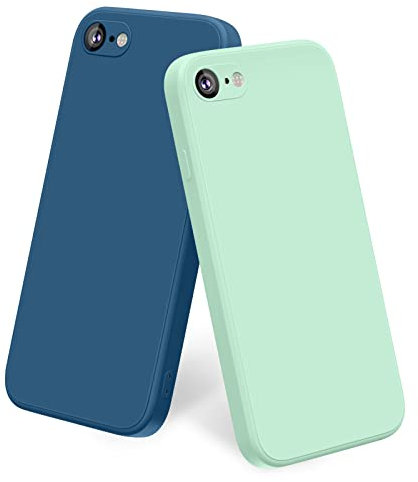 Yisica 2 Pack Silicone Coque Compatible pour iPhone SE 2020 / iPhone 8 / iPhone 7 / iPhone SE 2022, Silicone Coque avec Doublure en Microfibre Douce Protection Complète 4,7, Cyan Clair/Marine Bleu