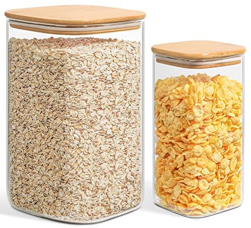 ComSaf Glass Pantry Storage Containers, 156/51 oz Large Square Flour and Sugar Containers with Airtight Lids, Gallon Glass Jars with Bamboo Lids for Rice, Pasta, Cookies, Coffee Beans
