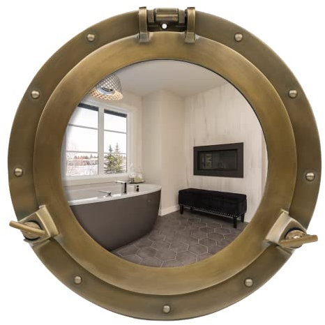 inanosa 17 Antique Wall Mounted Premium Aluminium and Steel Alloy Vintage Ship's Porthole | Bathroom Window Mirror | Pirate's Maritime Nautical Themed Decor - 1 Pc, Brass Finish