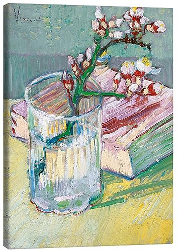 Floraison de branche d'amandier dans un verre avec un livre Tableau sur toile de Vincent van Gogh Tableaux pour toutes les pièces 20 x 30 cm Bleu pétrole Impressionnisme Décoration murale
