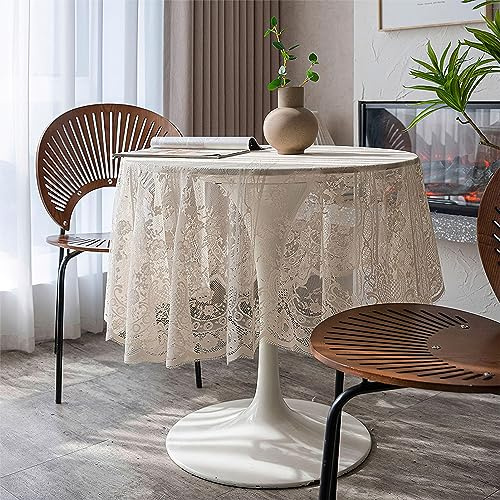 Beige Spitze Tischdecke Runde, Vintage floral bestickte Tischdecke, Elegantes Chic Overlay Tischtuch für Hochzeit Bankett Party Esstisch Dekor, Rund 190cm/75inch