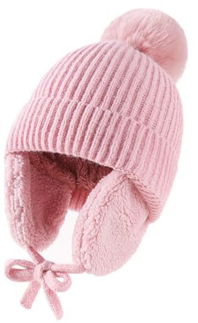XNDZ Bonnet d'hiver chaud avec cache-oreilles pour garçons et filles - Doublure en polaire épaisse - Pompons - Bonnet de ski et de sports de neige, rose, 3-12 Years