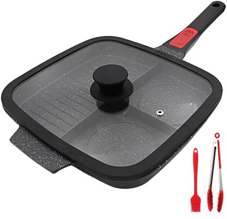 Bobikuke Bistecchiera Antiaderente con Manico Rimovibile e Coperchio, Padella Grill Quadrata 3 Sezioni, Induzione Compatibile 28 x 24 cm - Nero