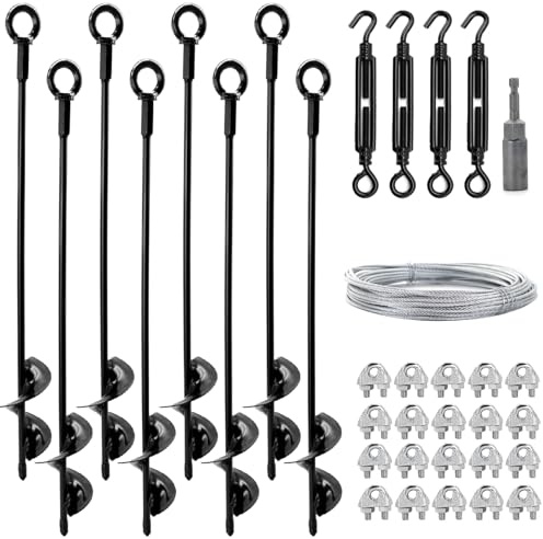 hannger Lot de 8 ancrages au sol de 45,7 cm avec câble galvanisé de 0,3 cm et tendeurs, ancrages de trampoline robustes pour balançoire, auvent, abri d'auto, tonnelle, serre et arbre