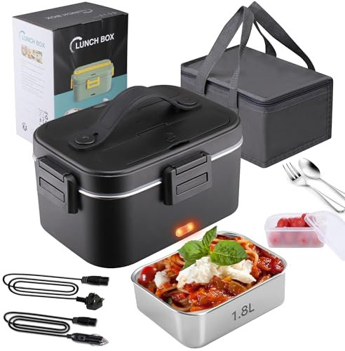 Fitamilia Electric Lunch Box Food Heater 80W Portable Heated Lunch Box for Adults 3 in 1 Portable Food Warmer 230V/12V/24V, with 1,8L Removable Stainless Steel Container&Bag(Black)