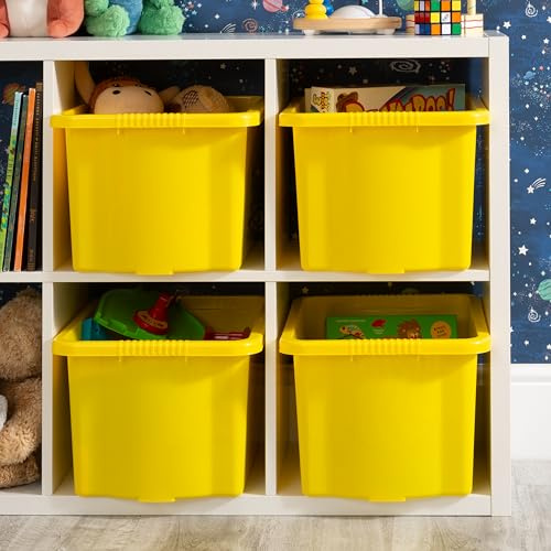 Wham Stack & Store 4 x 24L Plastic Storage Boxes | Ideal for Toys, Classrooms & Playrooms | Stackable & Nestable | Integrated Handles | Made in UK - Yellow