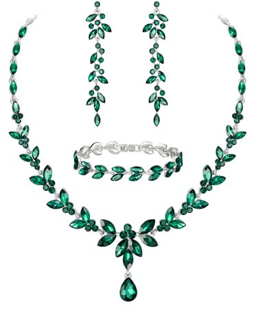 EVER FAITH Schmuckset Österreichisches Kristall Braut Schmuck-Set, elegante Marquise Strass Blatt Halskette mit baumelnden Ohrringen Tennis-Armband-Set, Smaragdgrün Gold-Tone