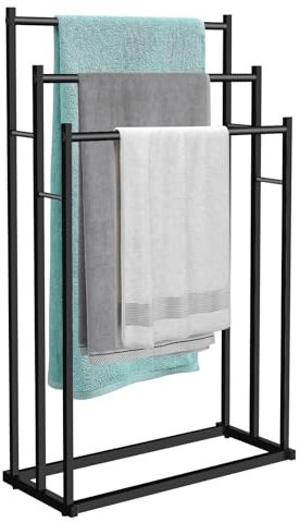 TIHOOK Freistehender Handtuchhalter, Freistehender Handtuchhalter Schwarz, mit 3 Handtuchstangen, Handtuchhalter Groß, aus Metall, für Bad und Handtücher, Badezimmerzubehör