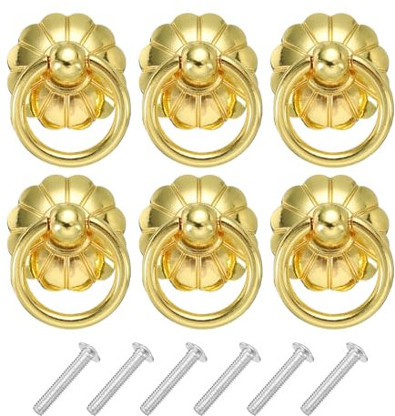 QUARKZMAN 6 Sets Vintage Drop Ring Knobs Retro Kommoden Griffe mit Schrauben aus Zinklegierung für Kommodenschubladen Möbel Schrank Gelb Bronze (33mm/1.3 lang)