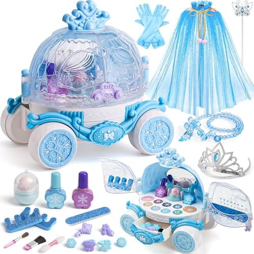 vamei Elsa Eiskönigin Spielzeug Mädchen Kinderschminke Set & Prinzessin Umhang & Frozen Schneeschmuck Zubehör, Schminkkoffer Mädchen Frozen Spielzeug Geburtstag Geschenke für Mädchen 3 4 5 6 7 8 Jahre