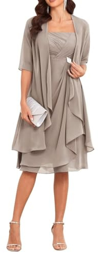 Kleid für die Brautmutter mit Jacke, 2-teilig, halblange Ärmel, knielang, Chiffon, Bräutigammutter-Kleid, taupe, 42