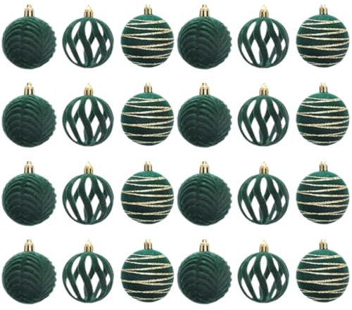 24 Stück Weihnachtskugeln aus Samt 3 Stile 6 cm grüne Weihnachtskugeln hängende Weihnachtsdekoration aus Samt für Weihnachtsbaum Kranz Girlande