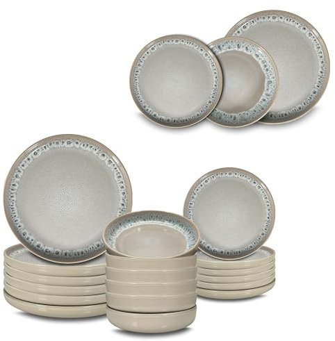 ARCA, Set 18 Piatti Coordinati Reactive Gray in Ceramica Decorata, Servizio per 6 Persone, con Piatti Moderni Fondi, Piani e da Dessert