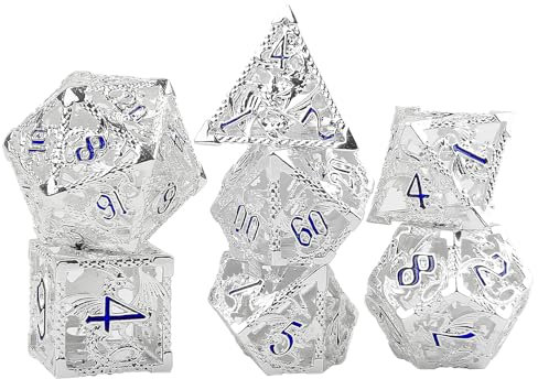 DND Würfel Set, 7 Stück Hohle 3D Drachen Metall D&D Würfel Polyedrische Scharfer Kante Würfelset Metall Spielwürfel für Dungeons and Dragons Pathfinder RPG MTG Pathfinder