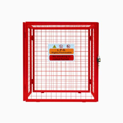 Gas Bottle Cage 90cm x 80cm x 43cm Collapsible Red Mesh Secure Lockable Storage Powder Coated Galvanised Steel 3mm Wire Thickness 2 x 19kg Cylinder Bottles FREE Warning Sign Padlock & 2 Keys