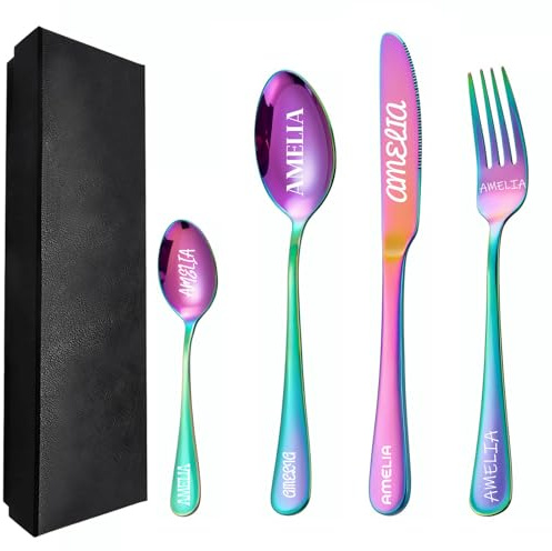 JJ GRADGOWN Custom Engraved Cutlery Set, Personalised Cutlery Set Adult with Name Text-Fork/Knife/Spoon Stainless Steel Cutlery, Tableware Set with Gift Box for Friends, Parents, Lovers (Colorful)