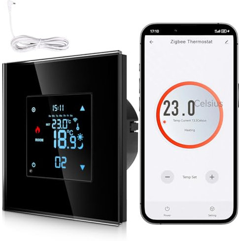 CNBINGO Zigbee Thermostat intelligent encastré avec sonde - Thermostat d'ambiance numérique pour chauffage au sol et chauffe-eau - Compatible avec Alexa et Google Assistant - Commande vocale - Noir