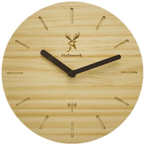 Holzwerk Warburg Natur Holz Funkwanduhr Funk Wanduhr Holz-Uhr Vintage Funkuhr lautloses Uhrwerk ohne Tickgeräusche Buche Braun lautlos aus handgefertigtem Massivholz 25 cm (HWF.Buche.)