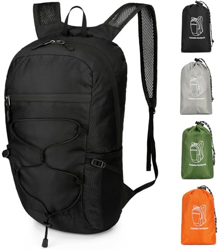 Outplea 15L Faltbarer Rucksack, Kleiner Rucksack Sport Damen, Wanderrucksack Herren Wasserdicht, Tagesrucksack Ultraleicht für Outdoor Freizeit Camping, Schwarz
