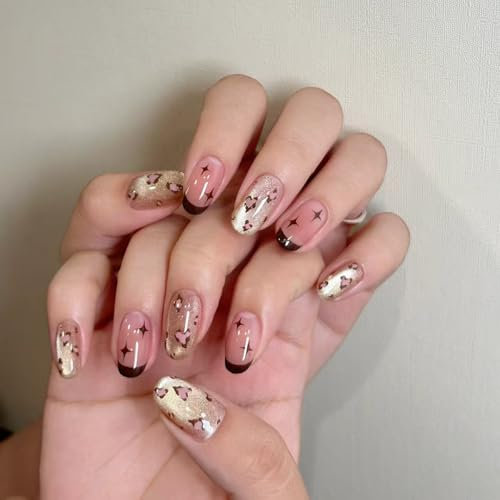 SXVME Glitter Cat Eye Pink French Tip False Nails with Leopard Stars Design, Y2k Acrylic Press on Nails Short Oval with Sequins Full Cover Bling Cute Fake Nails Press ons for Women 24 Pcs