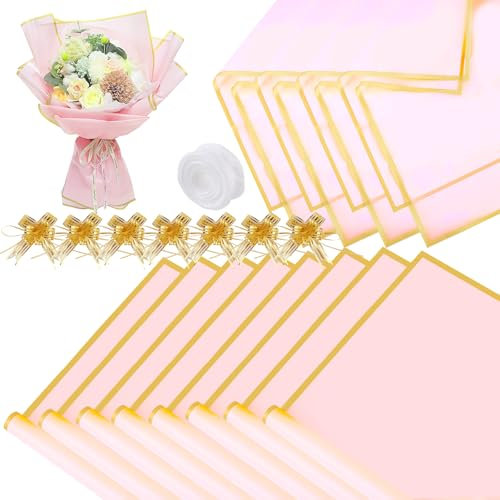20 Blatt Blumenpapier Rosa, Wasserdicht Blumen Papier mit Band und 10 Fliege, Blumenstrauß Papier, Geschenkpapier für Geschenkverpackungen Kunst Handwerk (56x56cm)