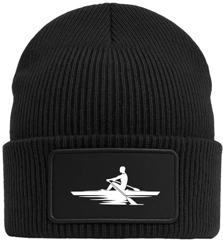 Huuraa Beanie Rudern Rowing Geschenk | Black Geschenkidee Schwarze Rippstrick Wintermütze mit austauschbarem Klett Patch