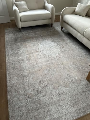 Washable Medallion Area Rug, Beige, Liquid Repellent, Stain-Resistant, Non-Slip Backing, Machine Wash Bedroom Livingroom Rugs 80cm x 150cm (2ft 7 x 4ft 11)