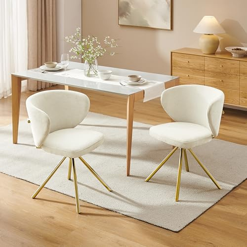 Zouron Stühle Esszimmer Drehbar 2er Set Weiß, 2er Set Küchenstühle Polsterstuhl Drehsessel Drehbar Ohne Armlehnen Rückenlehne Baumwollen Lein Goldene Metallbeine 150Kg Belastbar