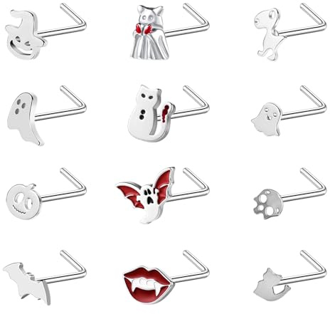 ZS 12 Stück 20G Edelstahl Nasenring – Halloween Fledermaus Totenkopf Kürbis L-förmiger Korkenzieher Nasenstecker Silber Schwarz Nasenpiercing Schmuck für Damen Herren
