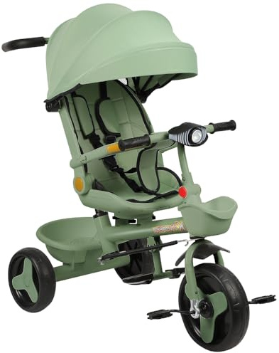 Belfoyer 4-in-1 Kinderdreirad mit Schubstange, Dreirad ab 1 Jahr höhenverstellbar, Dreirad ab 2-3 Jahre mit Sitz, Fußstütze & Korb, Faltbares Kinder Trike, Mehrfarbig(Grün)