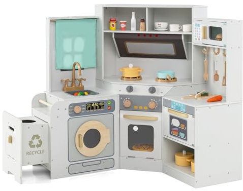 COSTWAY Cuisine Enfant d'angle avec Poubelle Coulissante, Lave-Linge & Lave-Vaisselle & Four, Cuisine en Bois Enfant avec Rideau, Évier, Cuisinières, Lumières et Sons, Accessoires pour 3+ Ans (Gris)
