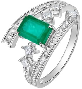 Silber Ringe Damen, Ring Weißgold Schlicht 18K Geometrisch mit Smaragd und Diamant Größe 58 (18.5)