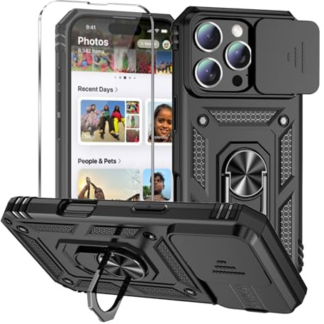 Damtong for iPhone 16 Pro Max Phone Case 6.9 Inch with Camera Cover Black | Phone Case with Camera Cover and Screen Protector, Rotatable Kickstand Military Grade Dual Layer Shockproof Drop Protection
