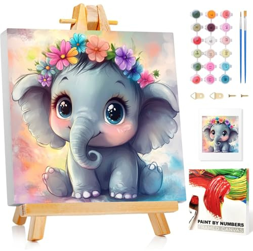Mafenr Art Elephant Peinture Numero Enfant Avec Cadre et Chevalet, Elephant Peinture par Numero Enfant, Peinture par Pour la Décoration de la Maison 20x20cm
