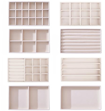 Lilanjumo 8 Pcs jewellery organiser, jewellery trays for drawers, velvet drawer jewellery organiser insert, Jewelry Tray Drawer Insert Divided Storage Holder, Beige 8 Styles