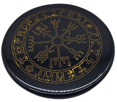Edelstein Coaster Untersetzer & Ladeplatte Ø 7,5 cm – Handpolierter Naturstein mit spirituellen Symbolen – inkl. Samtbeutel (Schwarzer Achat, Vegvisir Wikingerkompass)
