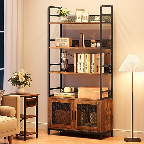 Niwugady Bücherregal mit 4 Ebenen, Industrielles Holzregal mit Metallrahmen, Großes Freistehendes Regal 80x30x180cm, Präsentationsregal mit Türen & 4 Offene Einlegeböden für Wohnzimmer, Vintagebraun