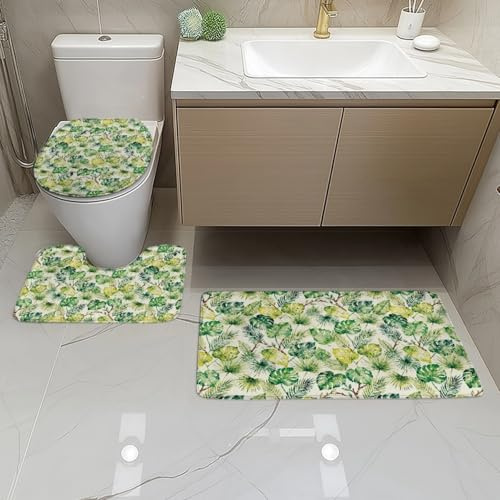 Badteppich Set Grüne Blätter Duschvorleger rutschfest Waschbar 3 Teilig Bad Vorleger U-Förmig WC Teppich Toilettendeckelbezug Deko Badezimmer Bath Mat 50x80 cm