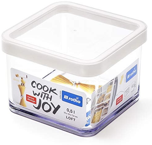 Rotho Loft quadratische Vorratsdose 0,5l mit Deckel und Dichtung, Kunststoff (SAN) BPA-frei, transparent/weiss, 0,5l (10,0 x 10,0 x 7,2 cm)